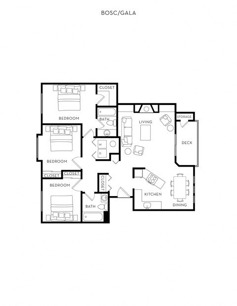 Floor plan for 3 beds, 2 baths, 1250 sqft
